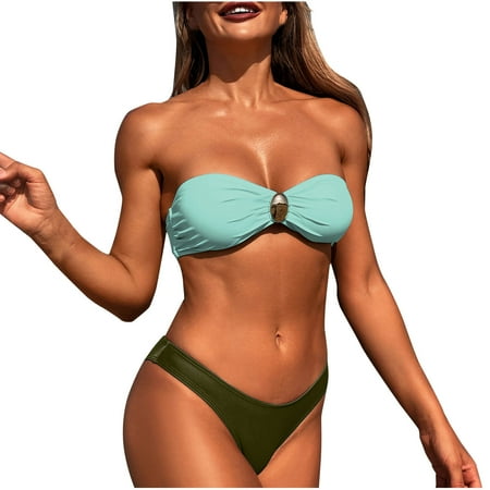 UTSJKR Women s 2 Piece Bandeau Swimsuit Ruched Strapless Bandeau High Cut Bikini Set Bathing Suit Metallic Ruched Tie Comfy Strapless Bra and High Cut Brief Swimsuits Green L