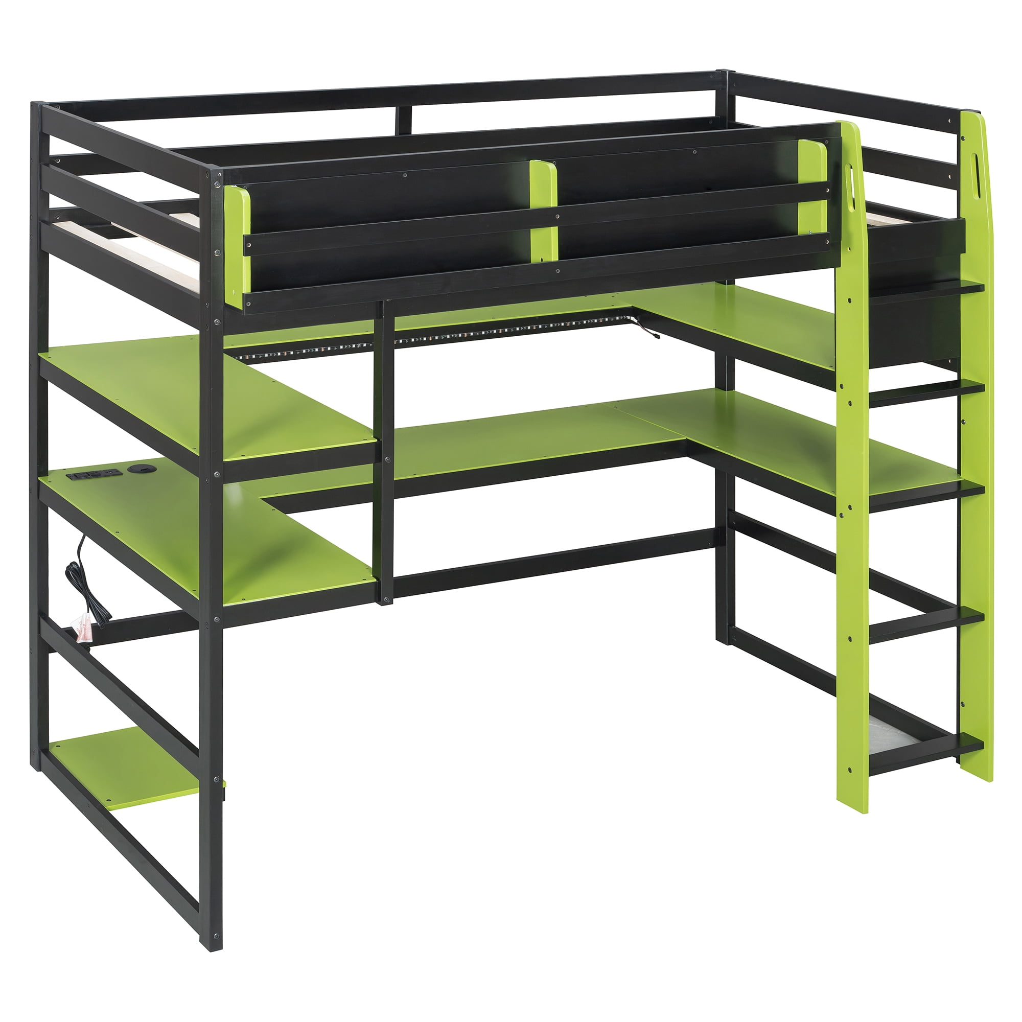 Mintazer Twin Size Gaming Loft Bed with U-Shaped Desk & LED Lights, Modern Bed Frame with Shelves & Charging Station for Dorm Bedroom Apartment, Black & Green