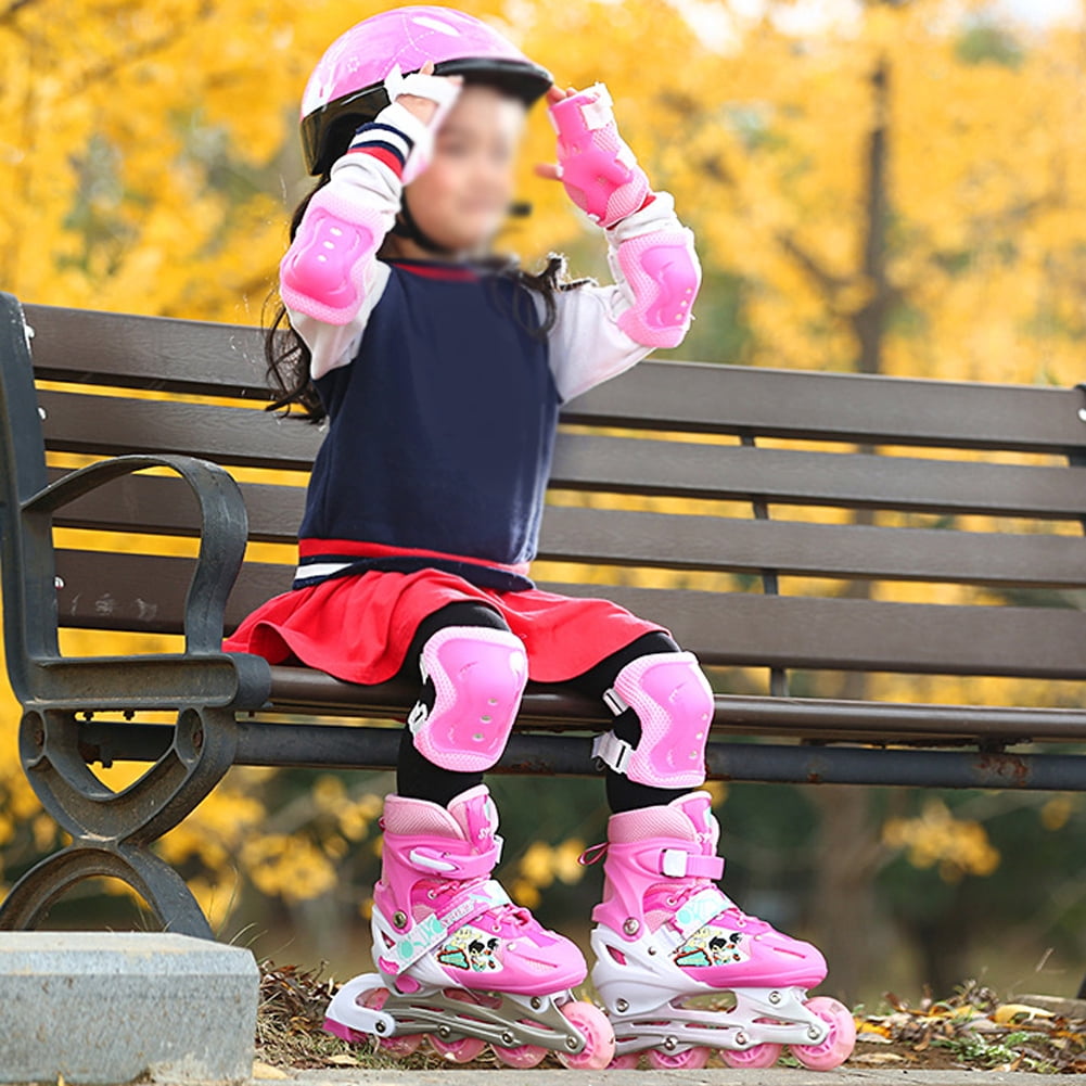 LAZIOEGR Adjustable Illuminating Inline Skates for Kids Boys Girls Set with Helmet Pads, Pink Medium