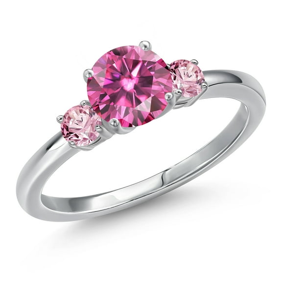 Gem Stone King 14K White Gold Pink Moissanite and Pink Lab Grown Diamond Engagement Ring for Women | 1.26 Cttw | Round 6.5MM | Gemstone Birthstone | Size 5