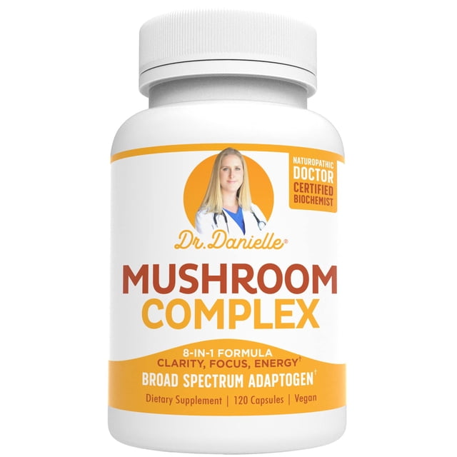 complejo de hongos orgánicos supplement doctor danielle 120 cápsulas Frasco blanco frontal con etiqueta blanca y naranja que muestra la marca Dr. Danielle, texto grande "Mushroom Complex", leyenda "8-in-1 formula" y "Broad Spectrum Adaptogen", indica 120 cápsulas vegetales; indicado para apoyo inmunológico y uso como suplemento adaptógeno, a menudo usado también para complementar la rutina de enfoque y memoria.