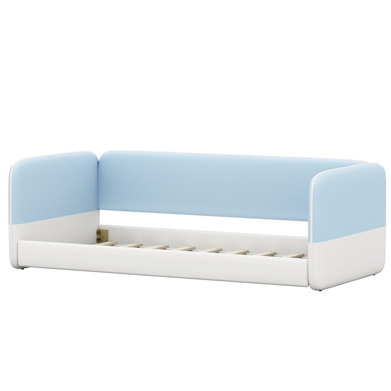 Twin Size Kids Low Profile Platform Floor Bed with Headboard and Armrests, Velvet Upholstered Child Daybed Frame with Guardrail