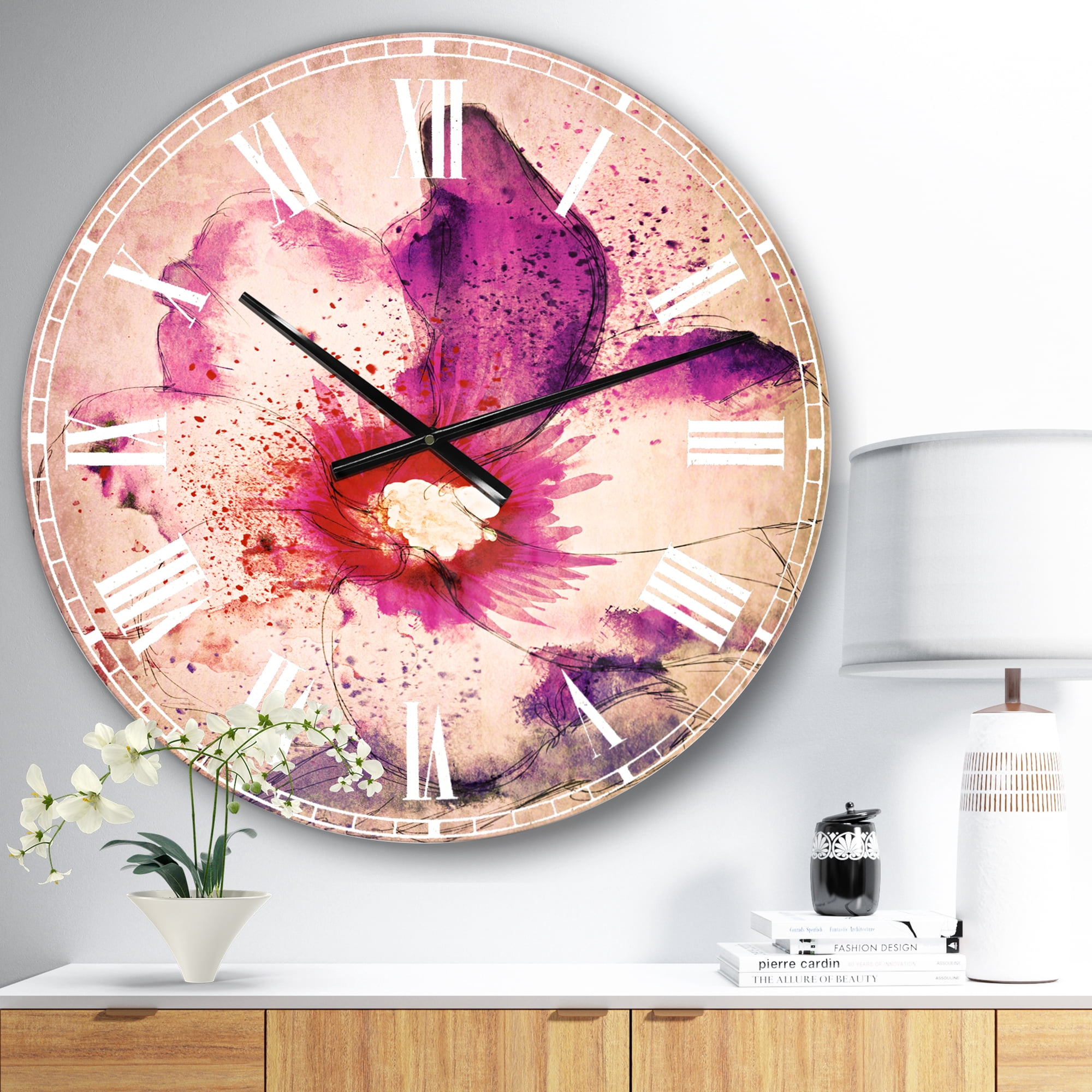 Designart 'Beautiful Pink Flower Watercolor' Traditional wall clock