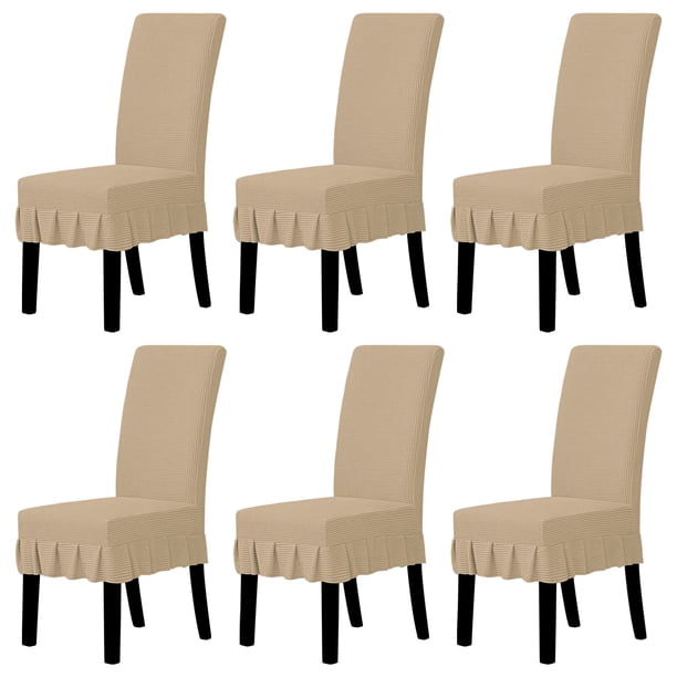 Fundas para sillas de comedor, fáciles de usar, elásticas, con faldón, 6 unidades, color arena