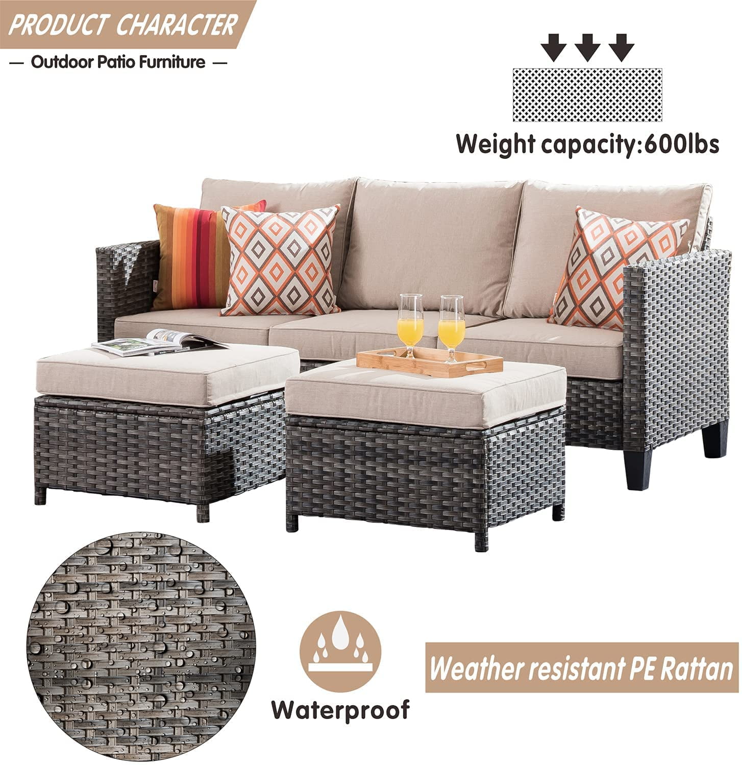 Ovios 3-Piece Outdoor Furniture Set All-Weather Wicker Patio Sofa with Cushions for Conversations