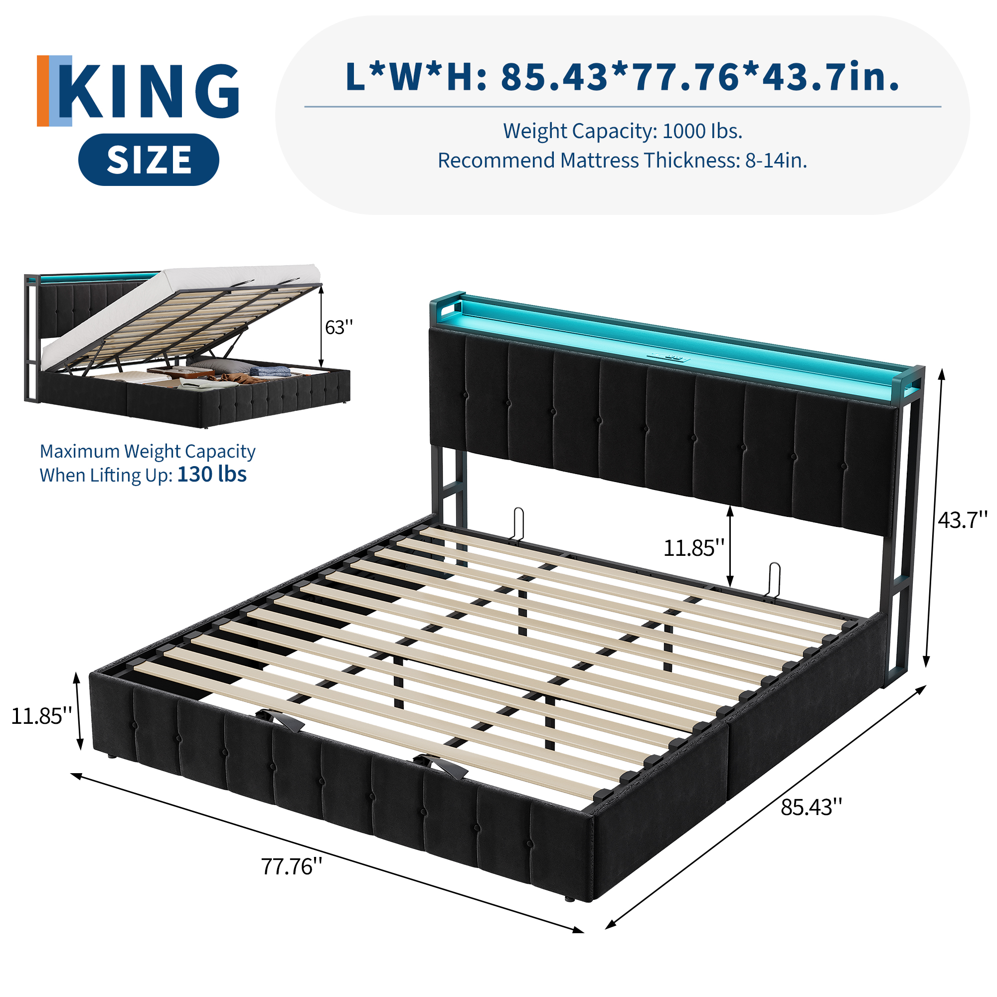 Ataucjin Queen Size Lift Up Storage Bed Frame, Upholstered Velvet Bed with Storage Headboard & Sturdy Wooden Slats Support, Metal Platform Bed, No Box Spring Needed, Noise Free