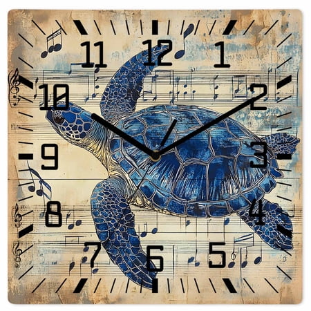 Blue Sea Turtle Wooden Wall Clock Silent Non Ticking, Vintage Coastal Sheet Music Square Wall Clocks Battery Operated, Decor Clock for Home Office, Living Room, Kitchen, 12 Inch