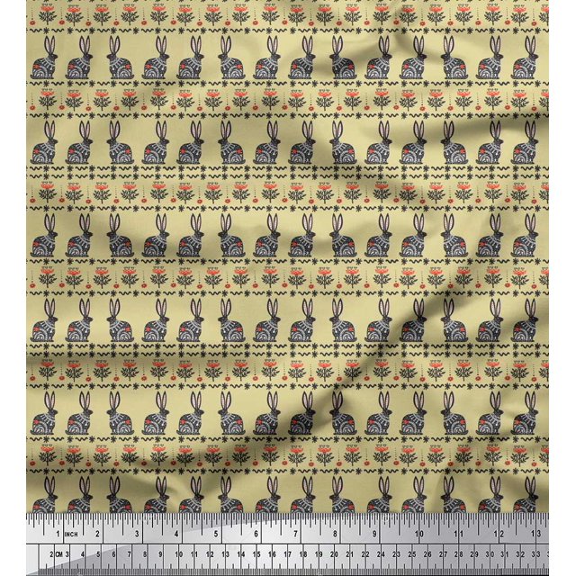 Soimoi Beige Georgette Viscose Fabric Flower & Rabbit Folk Art Printed Craft Fabric by the Yard 42 Inch Wide