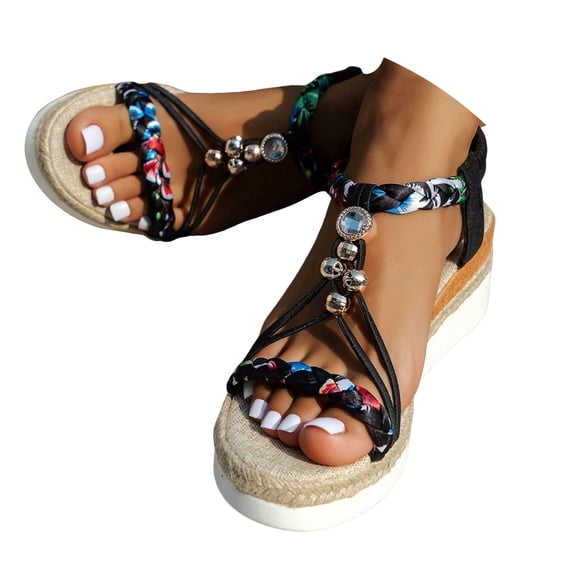 IUJOSY Espadrilles for Women Boho Sandals Braided Beaded Slip on Platform Wedge Sandals Dressy Shoes