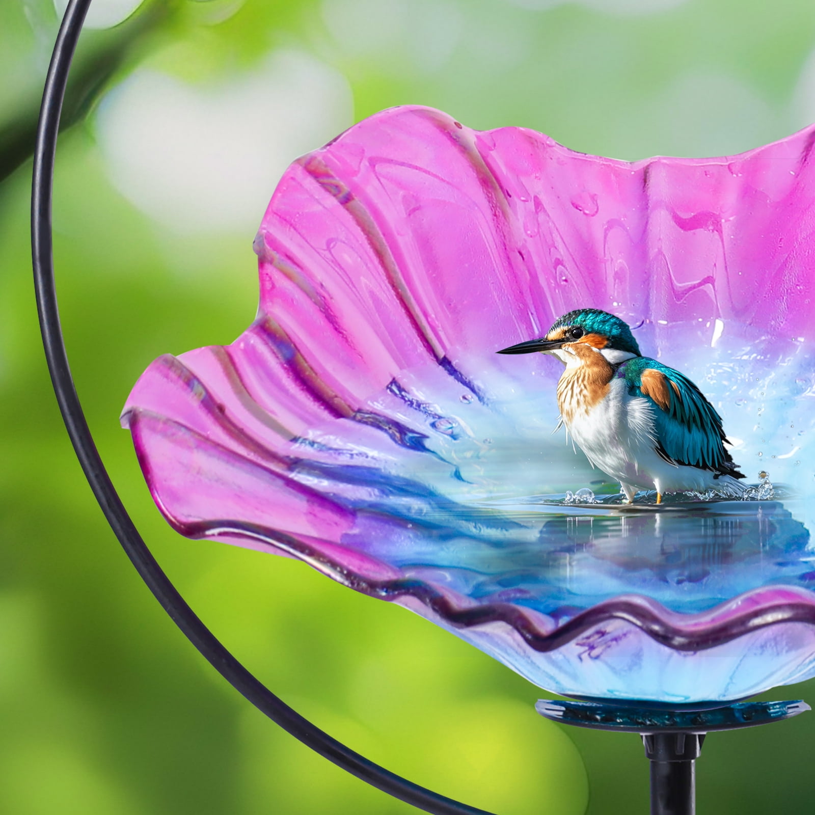 Outdoor Bird Bath,Hanging Glass Bird Bath Feeder with Metal Ring Frame–Colorful Flower-Shaped Birdbath,for Garden,Yard,Outdoor Decor