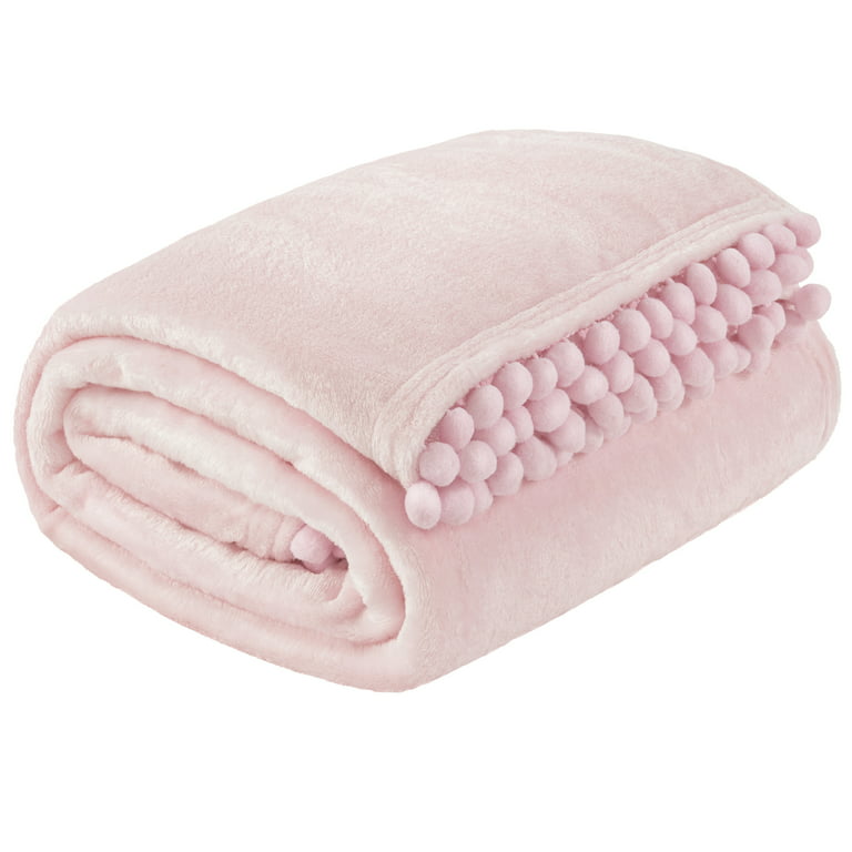 PAVILIA Light Pink Throw Blanket Pom Pom for Twin Bed Couch Sofa