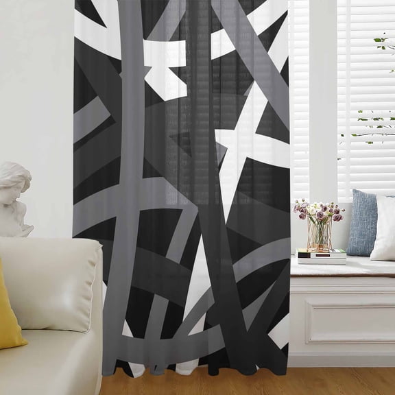 Gray Black Geometric Sheer Curtains 72 Inches Long for Living Room/Bedroom, Modern Art Abstract Grey Line Rod Pocket Voile Kitchen Curtains & Drapes Window Treatment 1 Panel, 52"W x 72"L