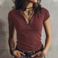 thumbnail image 2 of Women's Casual Fashion Zipper Collar Short Sleeve Top Wine S, 2 of 5