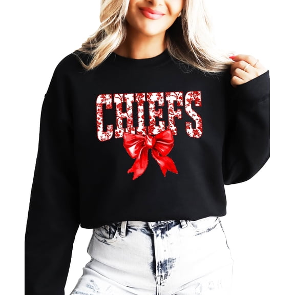 Floral Chiefs Team Sweatshirt for Women, Teens & Kids Red Coquette Bow Sports Team Sweater Black Sweatshirt Adult Small