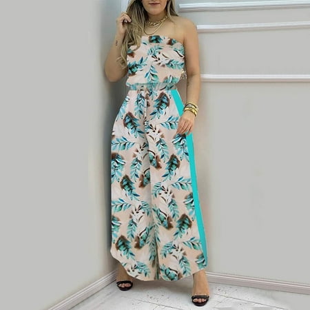 

Cuoff Jumpsuits for Women Fashion Summer Loose Print Bustier Backless Sleeveless Romper Blue L