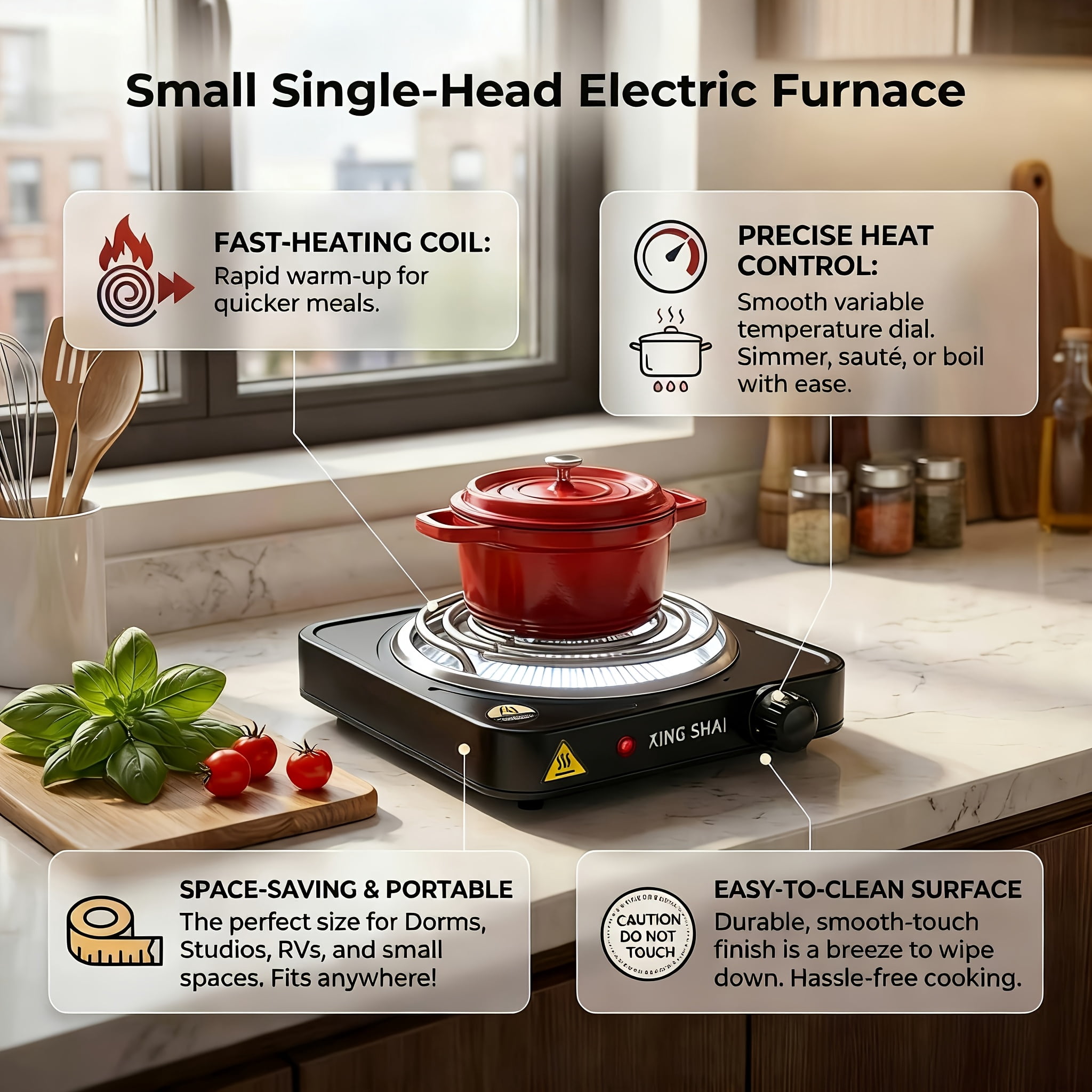 AORAN Portable Single Burner Electric Cooktop with Plug, Countertop Induction Hob, Compact Hot Plate, Efficient Cooking, Temp Control, Indicator Light, Easy-Clean Stove for Home, Kitchen, Outdoor