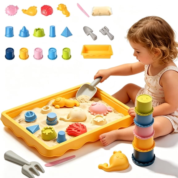 Baby Beach Toys, 18PCS Outdoor Beach/Garden Sand Toys, Toddler Summer Gift Stacking Cups&Molds&Building Toyfor 2,3,4 Year Old Boys Girls