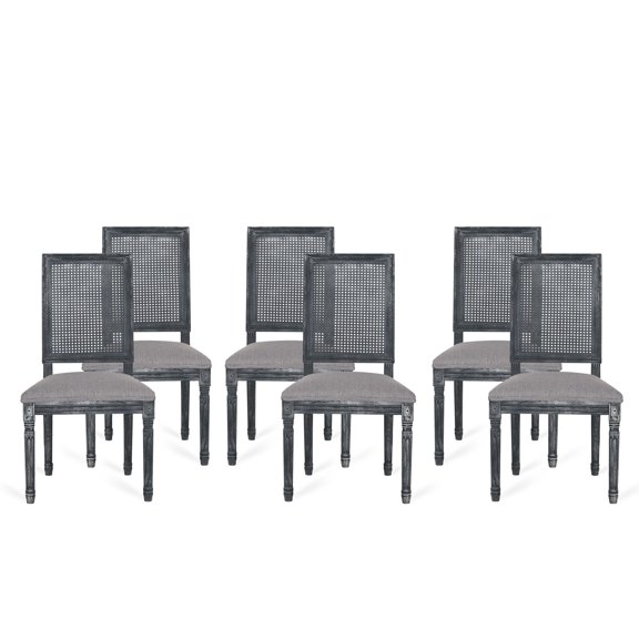 GDF Studio Brownell French Country Wood and Cane Upholstered Dining Chairs, Set of 6, Gray