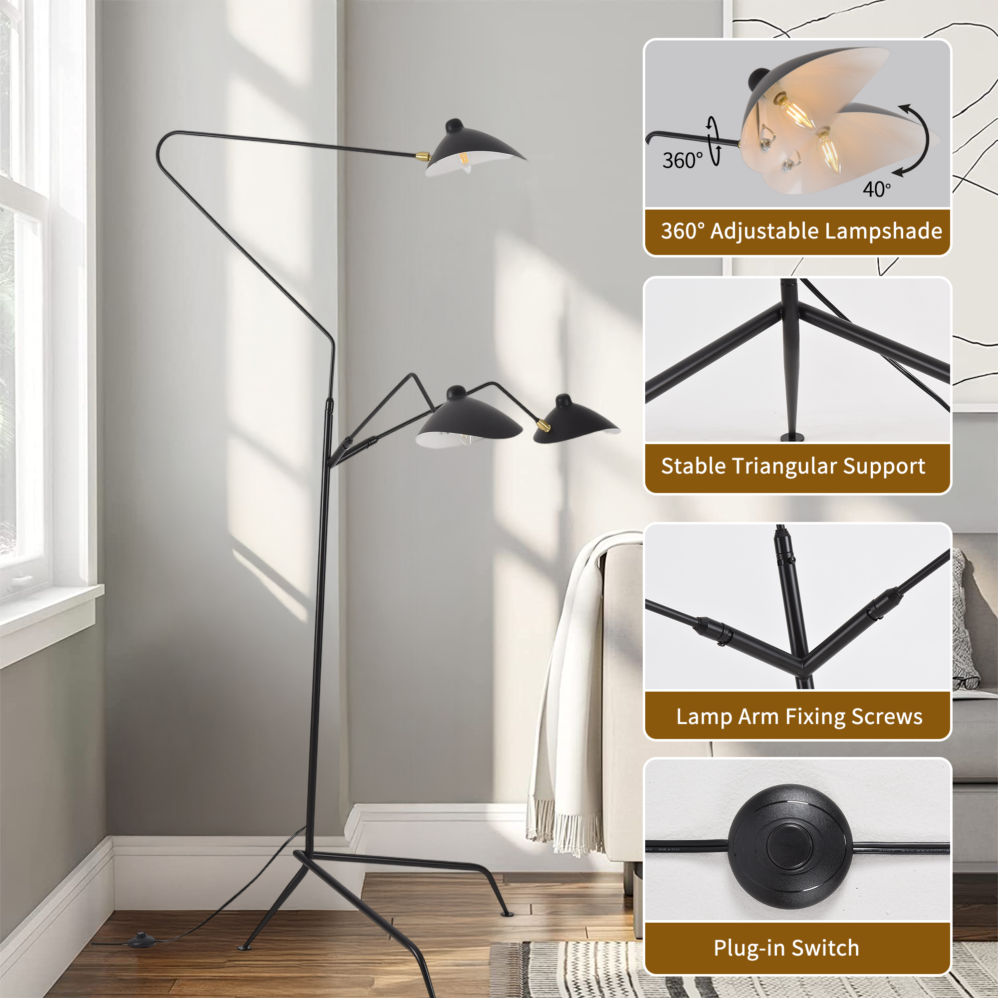 Modern Black 3-Light Tall Floor Lamp, Mid-Century Adjustable Standing Lamp, Spider Arm Floor Lamp with 360° Swing Arm, Tall Lamp for Reading,Bedroom