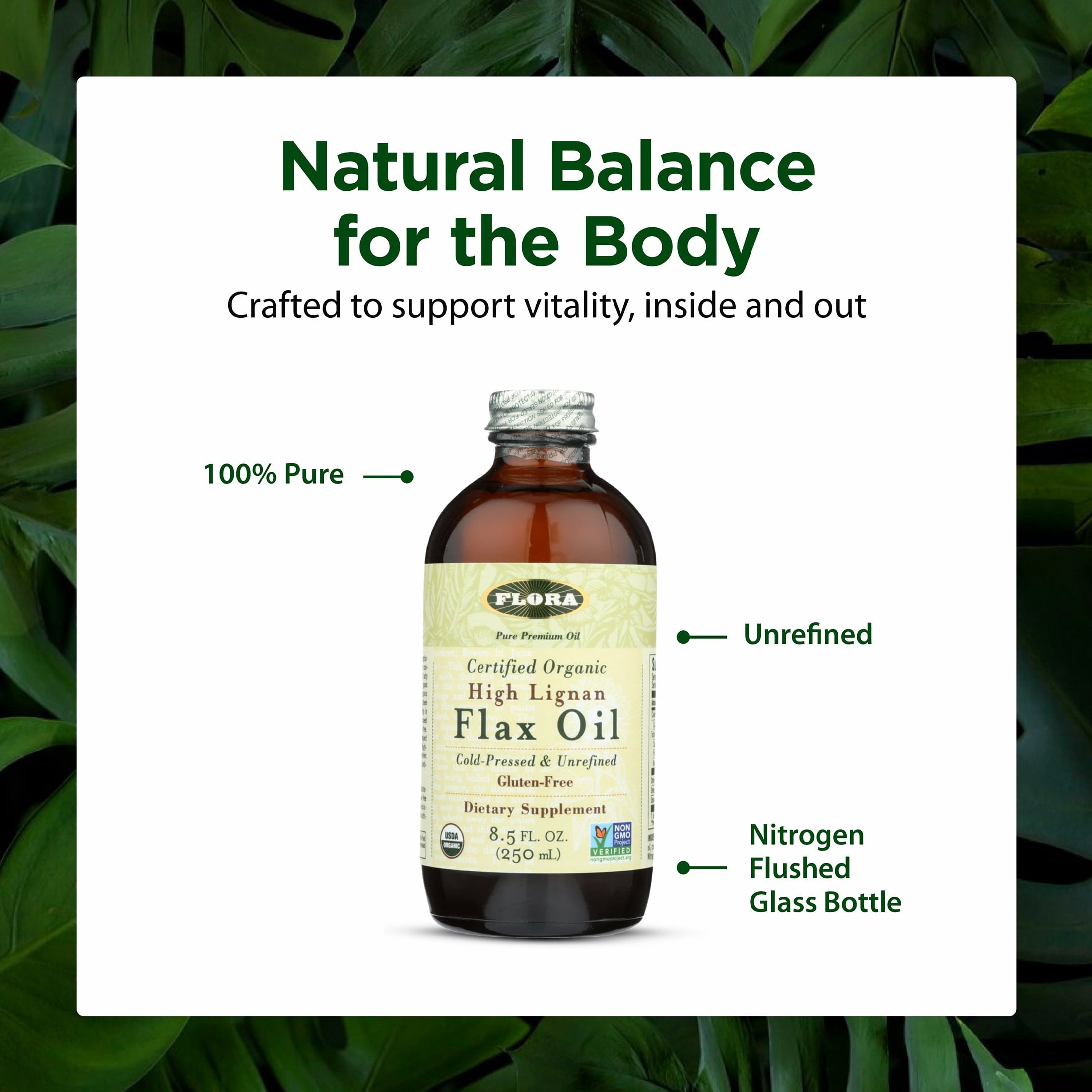 Flora - Certified Organic High Lignan Flax Oil, Cold Pressed, Unrefined & Gluten Free with Essential Fatty Acids, Unmodified, 8.5-fl. oz. Glass Bottle
