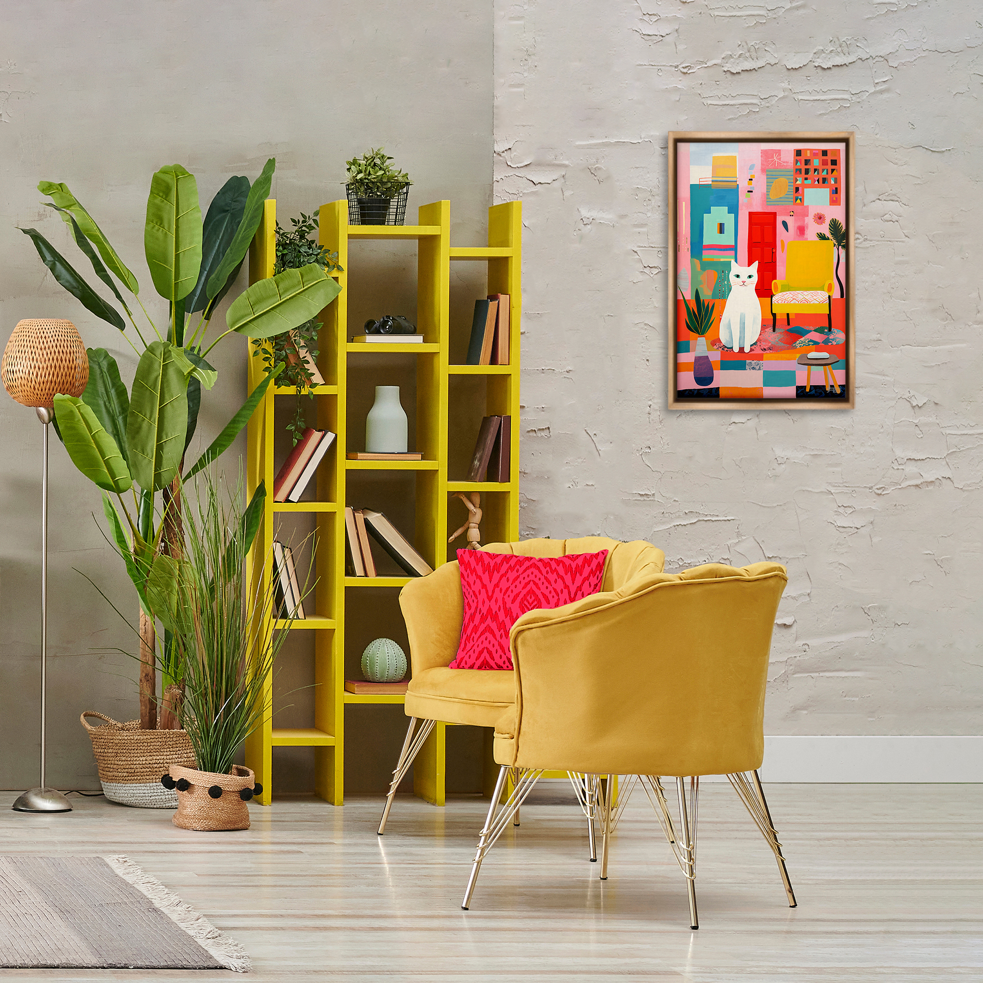 Stupell Industries Cat & Eclectic Design Animals & Insects Painting Brown Floater Framed Canvas Art Print Wall Art, 17 x 25
