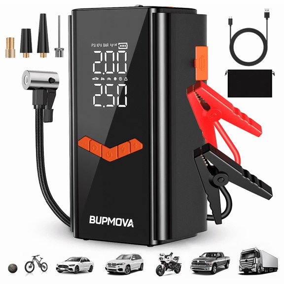 BUPMOVA 10000A Car Jump Starter Battery Pack with Air Compressor 150 PSI,12V Battery Booster Charger - Portable Tire Inflator with Power Bank, LED Light, LCD Display, up to All Gas/10L Diesel