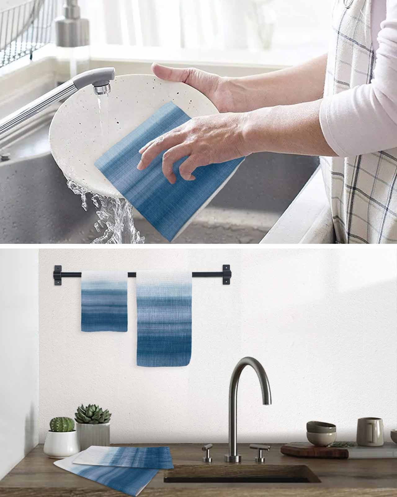 Haze Blue White Ombre Kitchen Dish Towels for Drying Dishes Set of 3, Vintage Gradient Striped Aesthetics Waffle Weave Microfiber Terry Hand Tea Bathroom Towels Quick Dry & Absorbent Towel 15.7x23.6