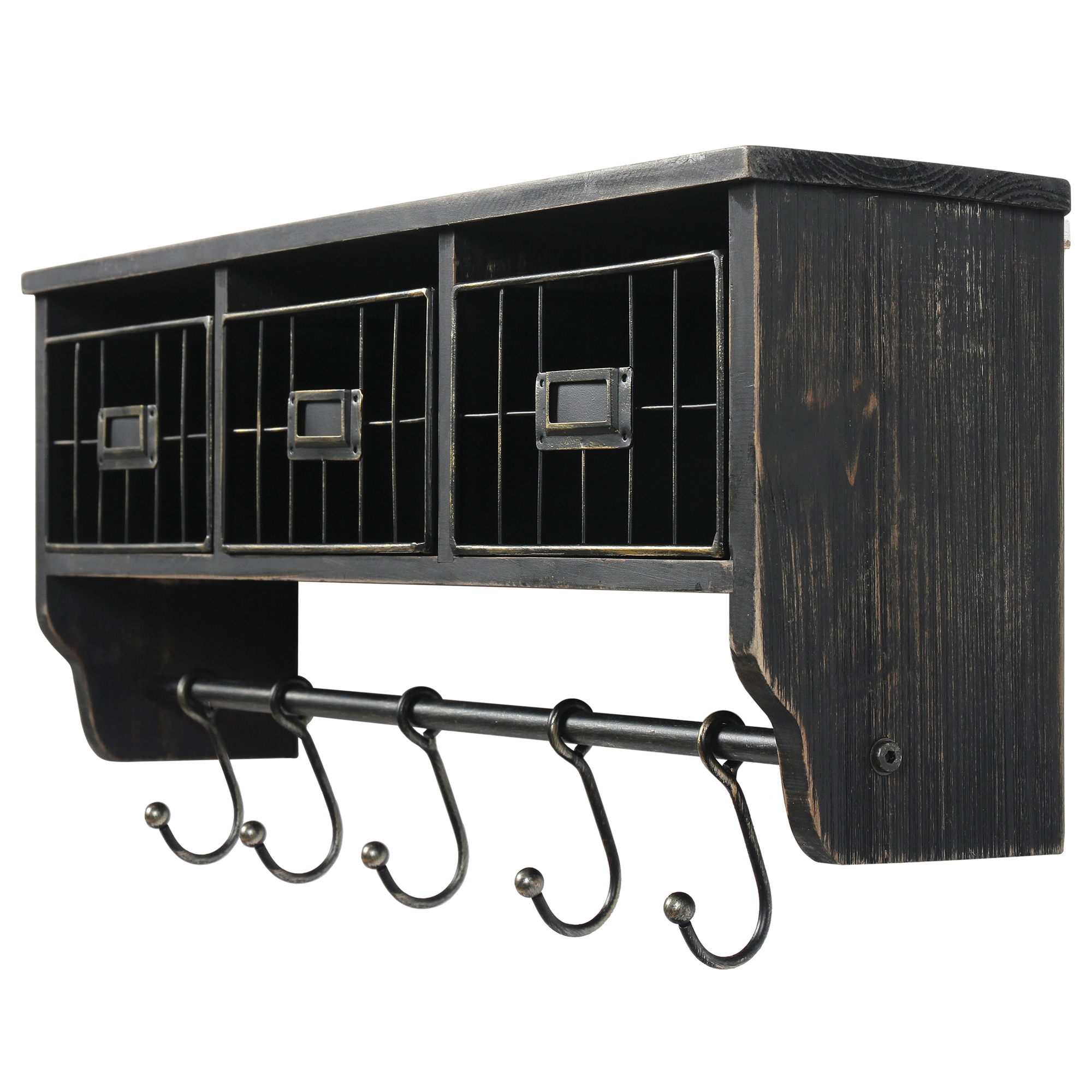 Rustic Coat Rack Wall Mounted Shelf with Hooks  Baskets, Entryway Organize - 1