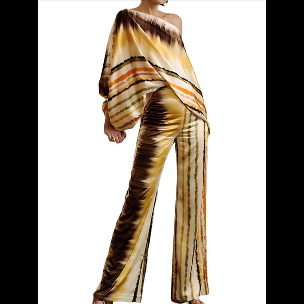 Conjunto de Dos Piezas Holgado de Otoño para Mujer, con Hombros Descubiertos, Estampado, Larga, Informal, para Salir, Pantalones Anchos Amarillo L