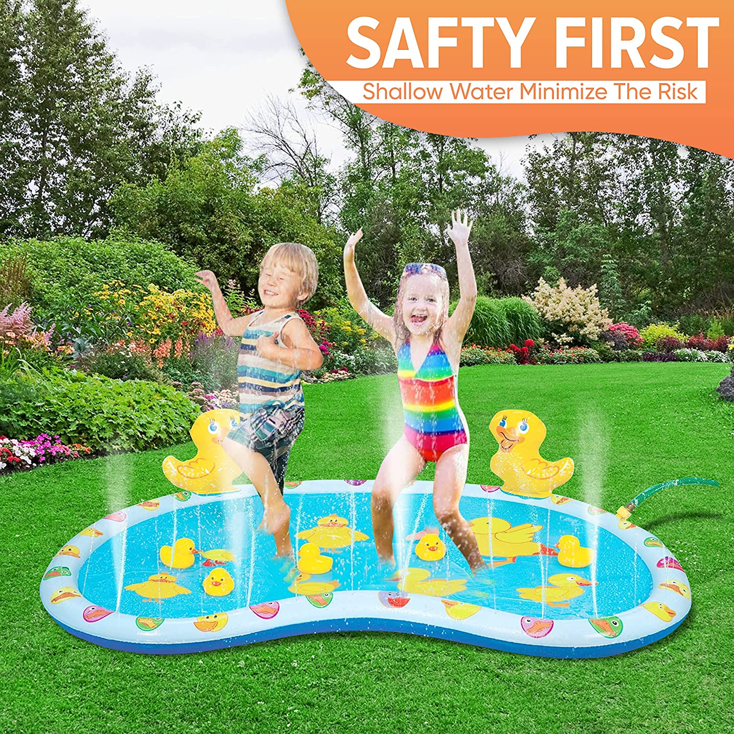 KOVOT 54" Inflatable Duck Splash Pool Mat Sprinkler Outdoor Playable with Rubber Duckies, 4 Pieces