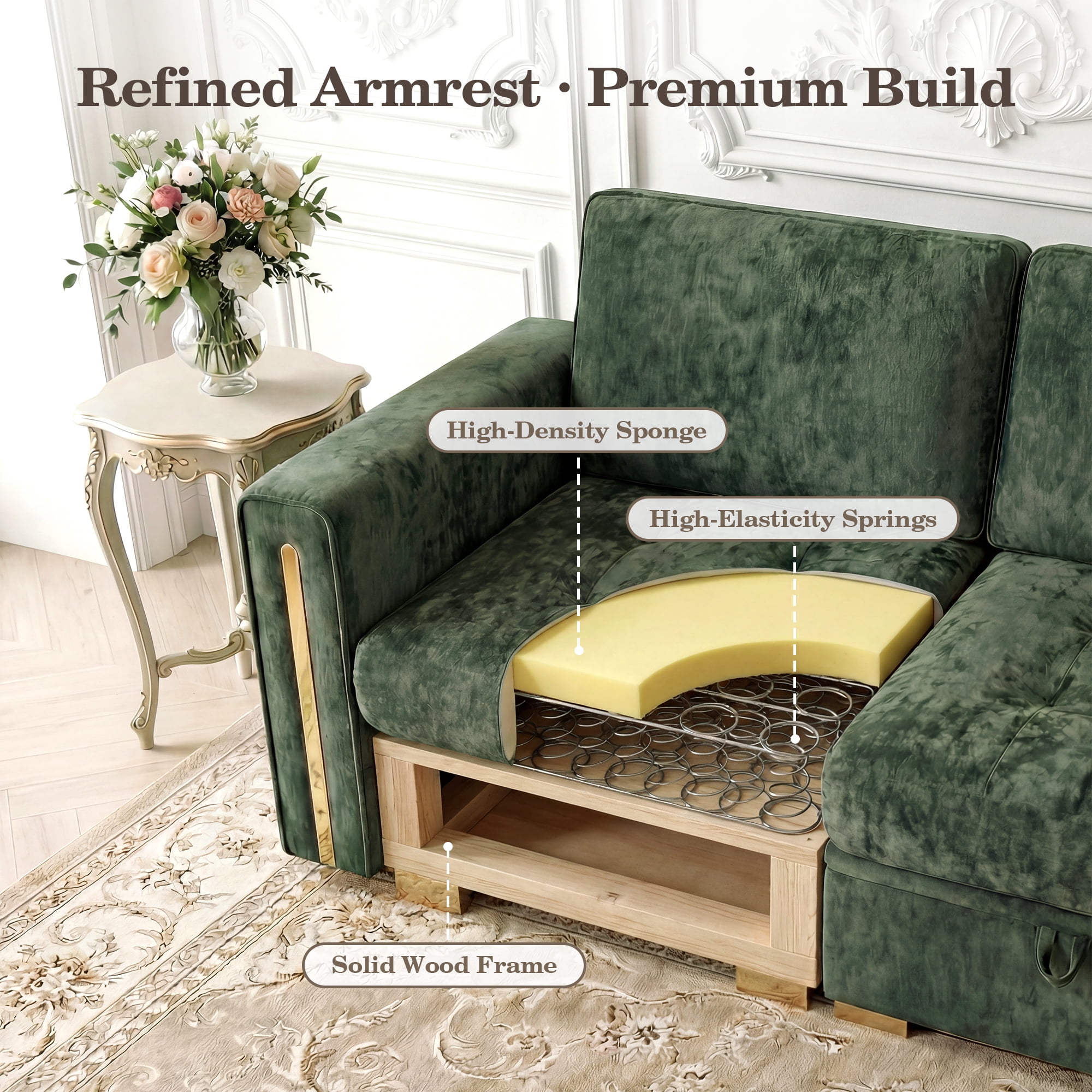 Advwin 126" U-Shaped Oversized Modular Sectional Sofa with Ottoman, Storage Under Each Seat & Gold Metal Accents, 7-Seater Modern Luxury Chenille Convertible Cloud Couch for Living Room, Dark Green