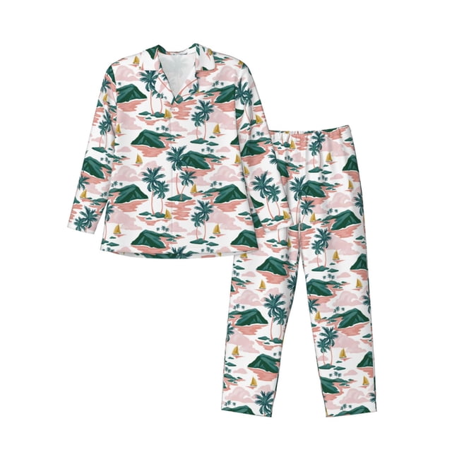 Fotbe Hawaii Palms Pijama de Hombre con Estampado de Manga Larga, Conjunto de 2 Piezas, Ropa de Dormir Suave y Cómoda con Bolsillos-Medium