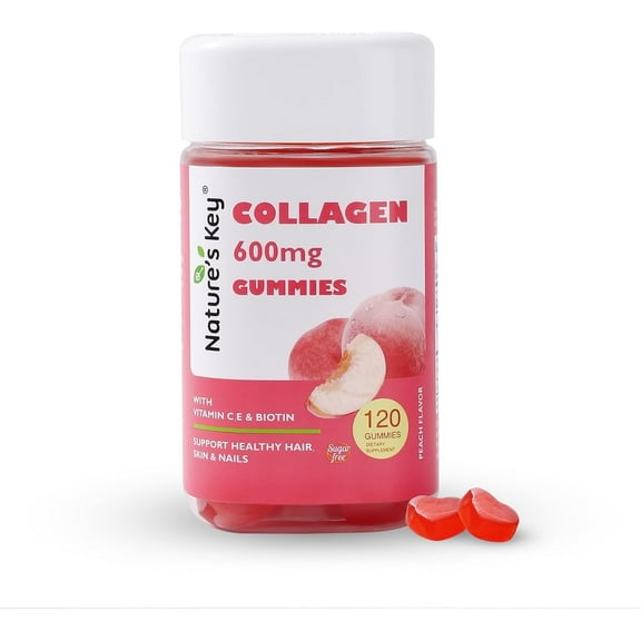 Nature's Key Collagen Gummies with Vitamins C, E & Biotin, 600mg Collagen Per Serving, Reduces Wrinkles & Promotes Skin Elasticity, Sugar Free Peach Flavor (120 Gummies, Pack of 1)