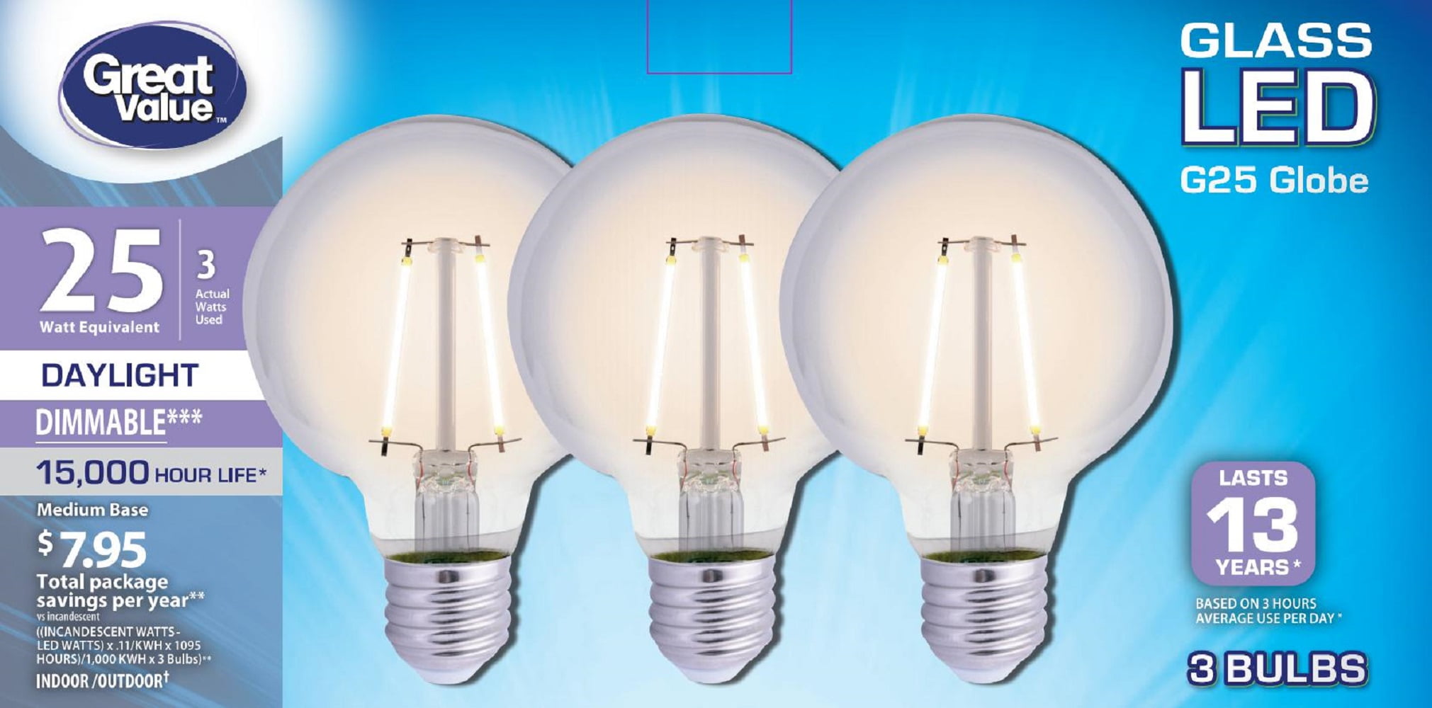 Great Value Deco Led, Daylight 25w Eqv, G25 Light Bulb, Clear Glass, 3 Pack