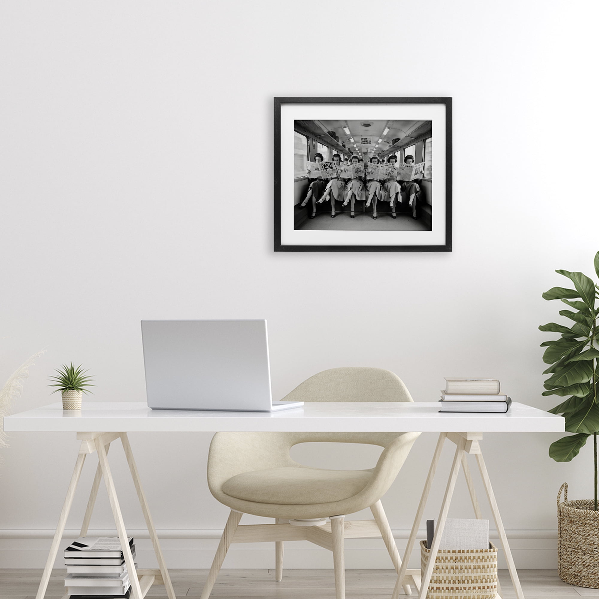 Stupell Industries Newsprint Ladies on Train Black Framed Print Under Glass, design by A Barefoot Stylist