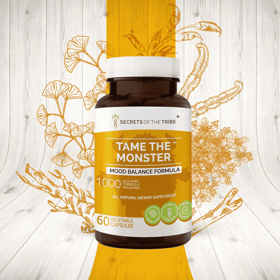 Secrets of the Tribe Tame the Monster Capsules Dietary Supplement, Natural Herb Blend, Made from Ashwagandha,St. John's Wort, Eleuthero Siberian Ginseng, Ginkgo, Valerian 60 Count