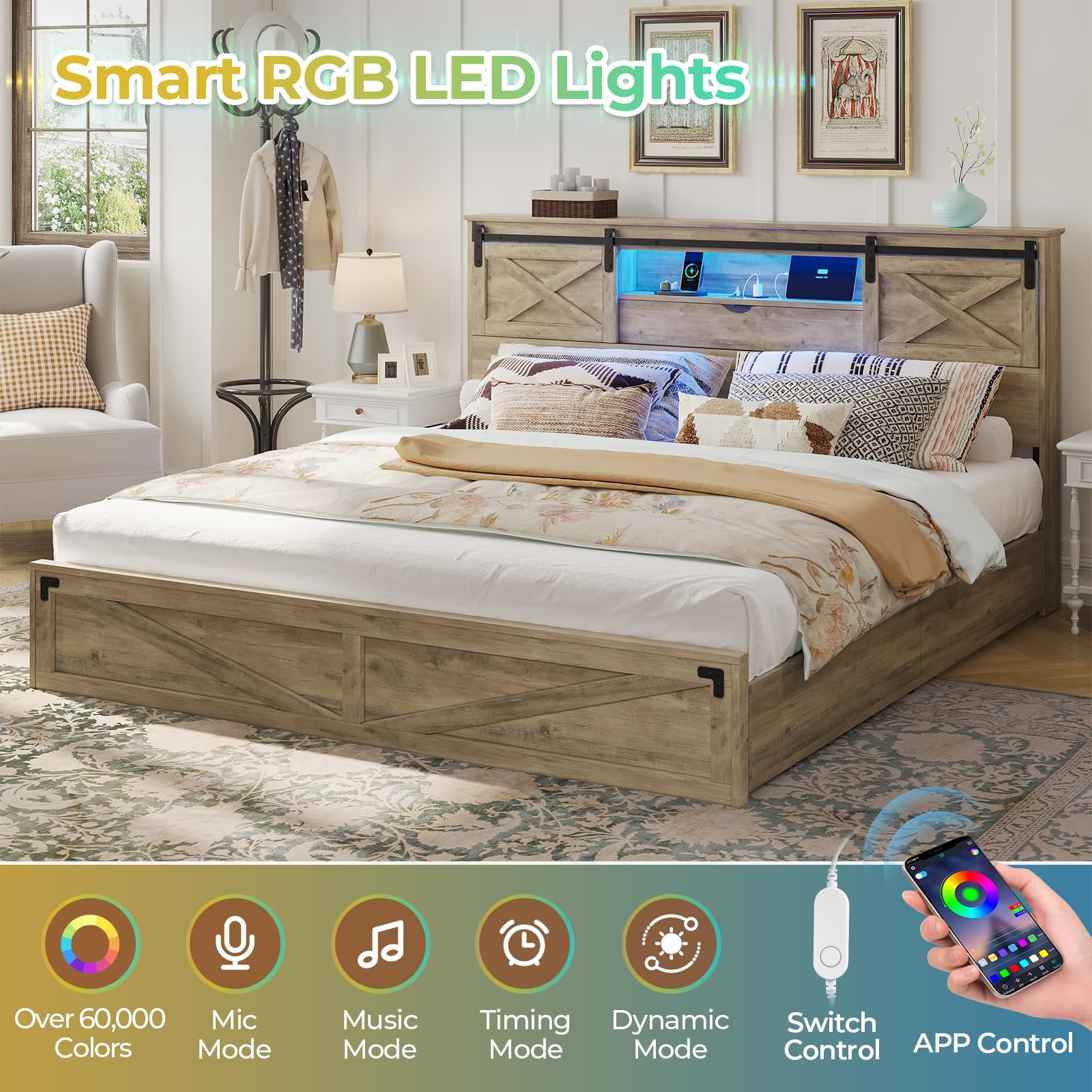 LED Bed Frame King Size with LED Lights and Charging Station, Farmhouse King Storage Platform Bed Frame with Headboard and Drawers, No Box Spring Needed, Gray