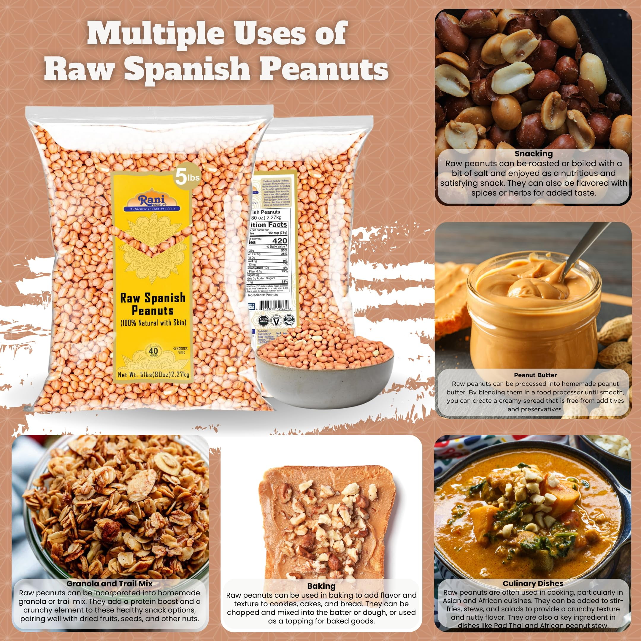 Rani Raw Spanish Peanuts 100% Natural with Skin (uncooked, unsalted) 80oz (5lbs) 2.27kg Bulk ~ Vegan | Gluten Friendly | Fresh Product of USA | Kosher | Red-brown Skin