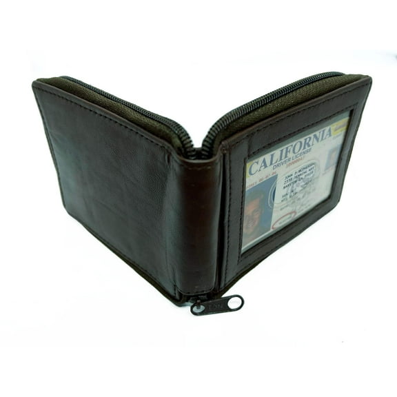 RFID Blocking Genuine Leather Men's Bifold Wallet Credit Card Holder Zip Around ID Badge