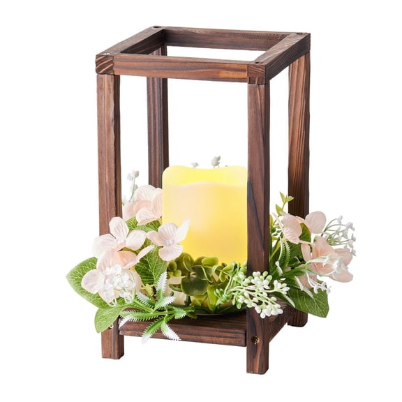 10 Set/30 Pcs Wooden Wedding Lantern Centerpiece, Includes 10 Wooden Lantern Candle Holder 10 Flameless LED Candle 10 Champagne Flower Wreath for Wedding Table Party Farmhouse Decor, Brown