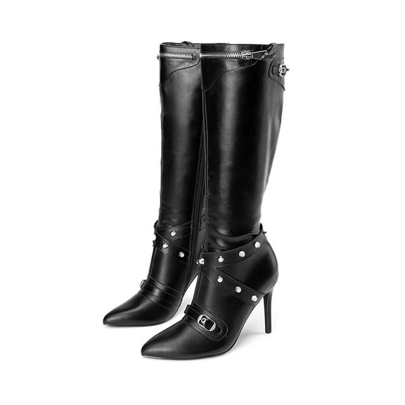 BURUDANI Women's Studded High Heel Knee Boots