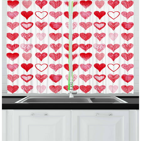 Valentines Day Curtains 2 Panels Set, Hearts Collection Symbols of Love Hand Drawn Style Romantic Art, Window Drapes for Living Room Bedroom, 55W X 39L Inches, Vermilion Pink White, by