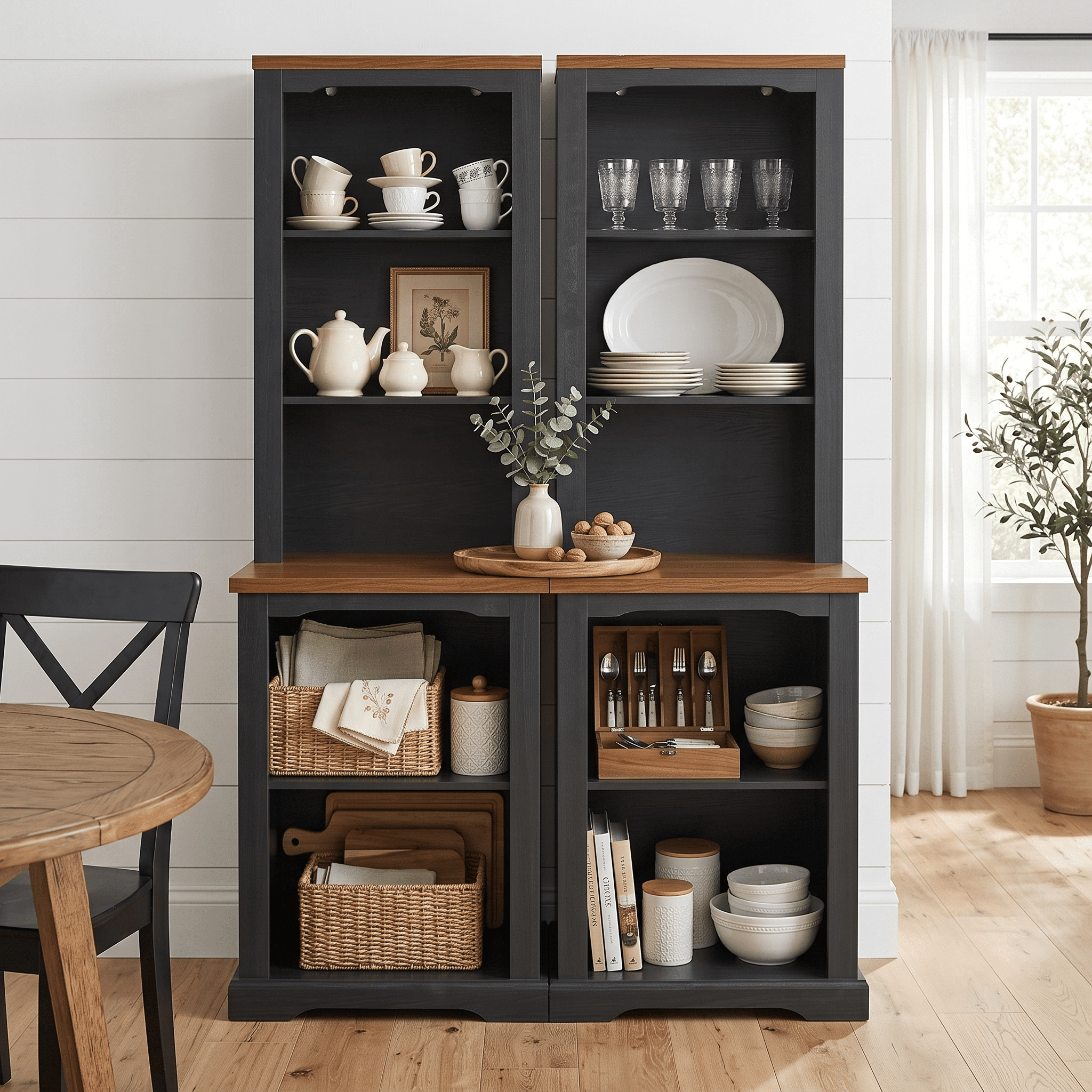 Homy Casa 66 Inch 2 Piece Storage Cabinet Set with Open Shelves and Walnut Top for Living Room Black