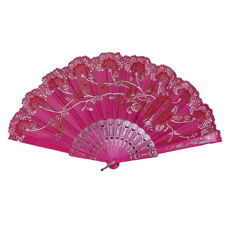 

Denbek Rose Red Fan Decorative Fan Retro Fan Dance Fan Color Pole Hot Stamping Rose Red Clearance Best Chinese Style Dance Wedding Party Lace Silk Folding Hand Held Flower Fan 1X Fan