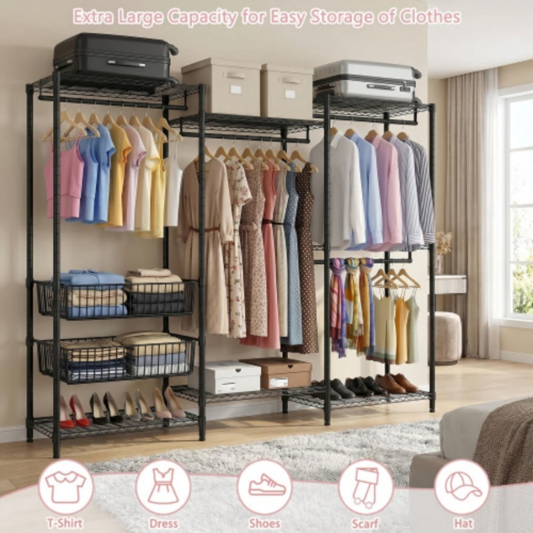 Heavy Duty Clothes Rack, Freestanding Garment Rack with 4 Hanging Rods, 6 Adjustable Wire Shelves & 2 Storage Baskets, Large Clothing Organizer, 68.5" W, Black