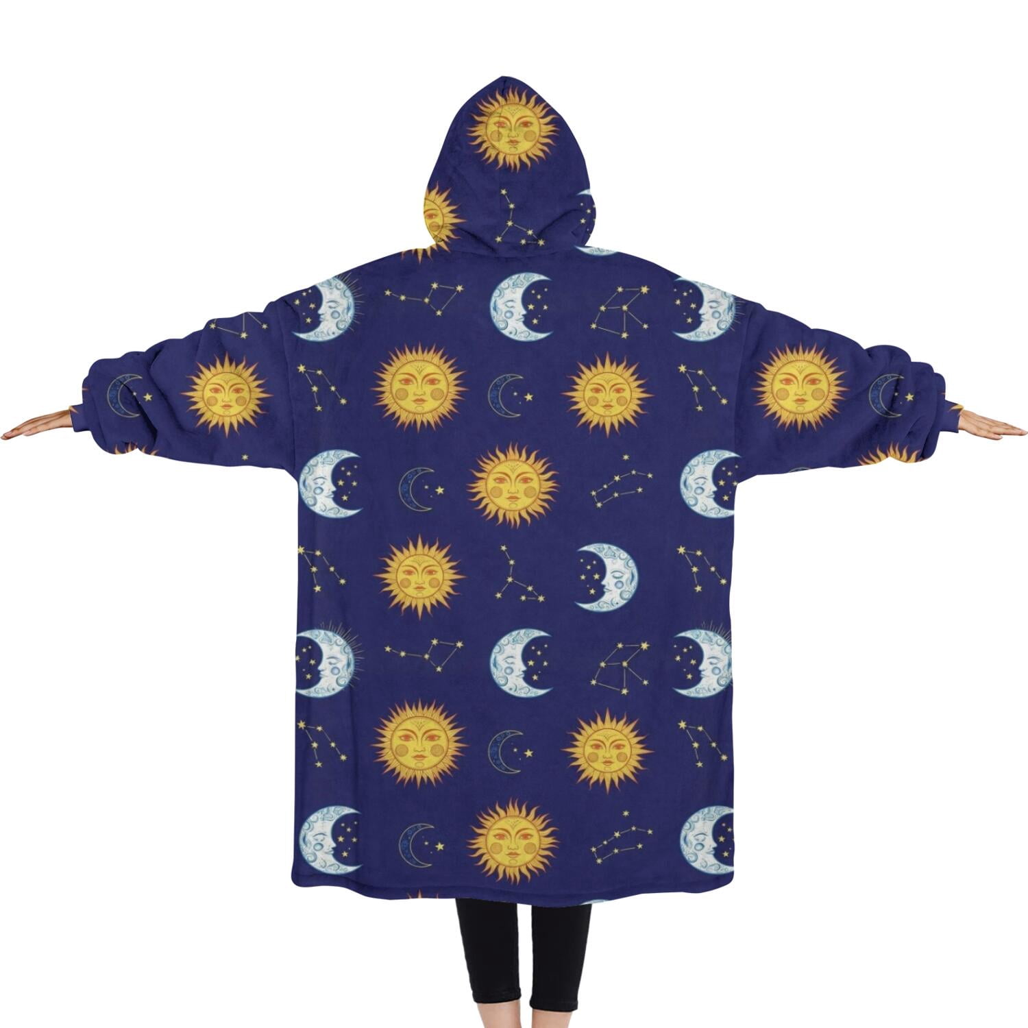 Oversized Wearable Blanket Hoodie,Blue Sun Moon Constellation Pattern Sherpa Blanket Hoodie with Super Pockets,Super Warm Fuzzy Pullover for Women & Men