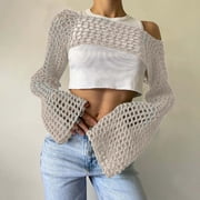 Seductive Hollow Out Knit Sweater for Women Round Neck Long Sleeve Crop Top with Flounce Hem, See-Through Crochet Trumpet Sleeve Cover Up