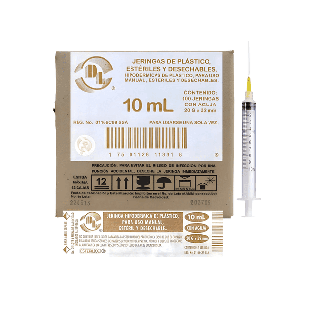 100 Jeringas De Plástico Dl 10 Ml Con Aguja 20gx32mm
