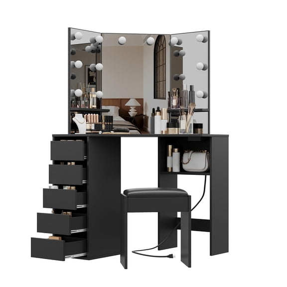 PYY Space-Saving Corner Makeup Vanity Desk with Tri-Fold Mirror, 10 LED Bulbs, Charging Station, 5 Drawers, Bedroom Dressing Table - Black