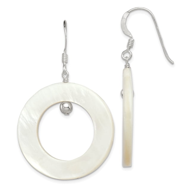925 Sterling Silver White Mother Of Pearl Circle Drop Dangle Earrings Natural Stone Shell